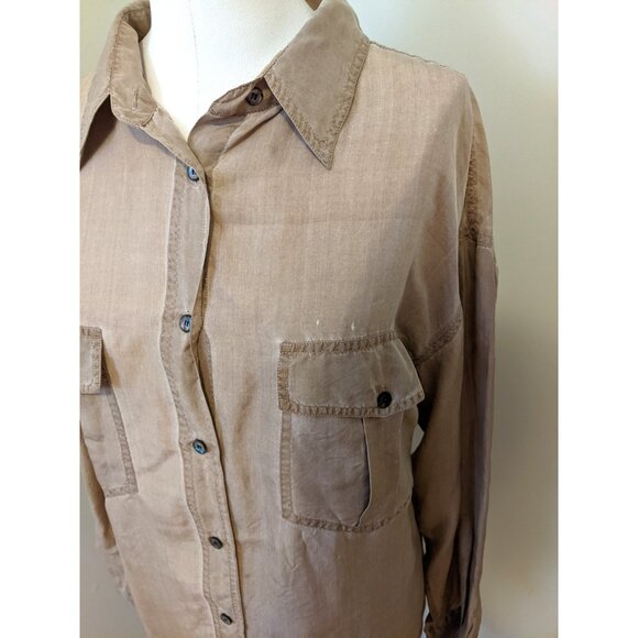 Vintage 80s Bloor & Yonge Pure Silk Blouse Long Sleeve Beige Utility Western L - Picture 3 of 9